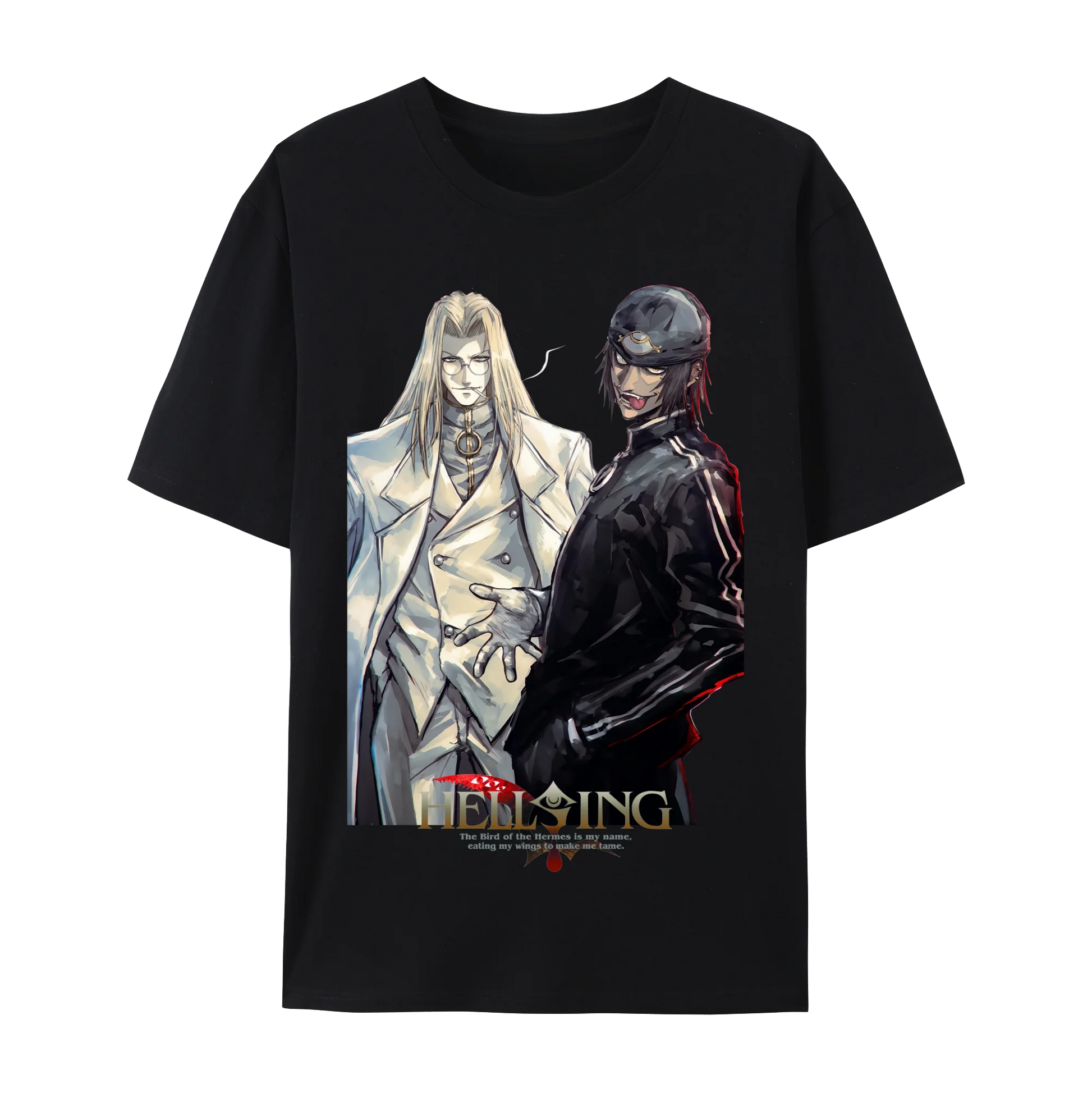 Alucard graphic cotton t-shirt featuring anime characters on a black background, suitable for all seasons.