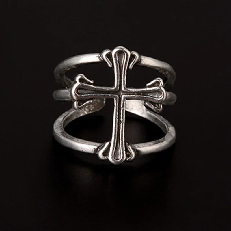 Retro Double Band Cross Ring For Men Punk Gothic Rock Hiphop Open Ring Biker Accessories Handmade Designer Jewelry Unisex Gift