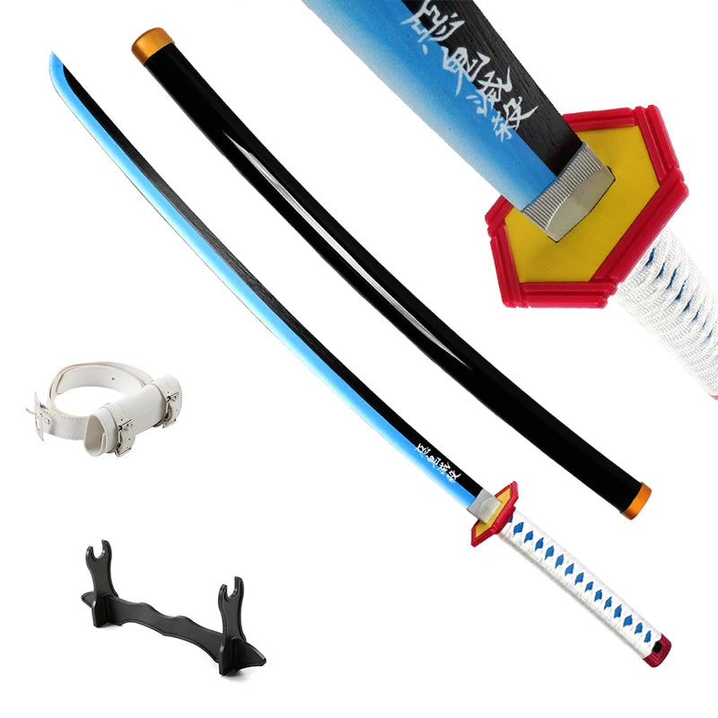 Collection of colorful anime swords with unique designs and a display stand, showcasing samurai katana styles.