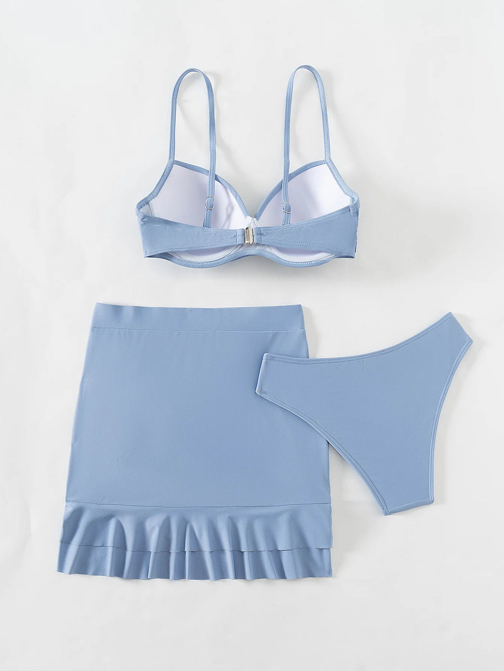 Women's Sky Blue Three Piece Swimsuit Solid Color V-neck Underwire Bikini Set Beach Vacation Suspender Backless Swimwear 2024