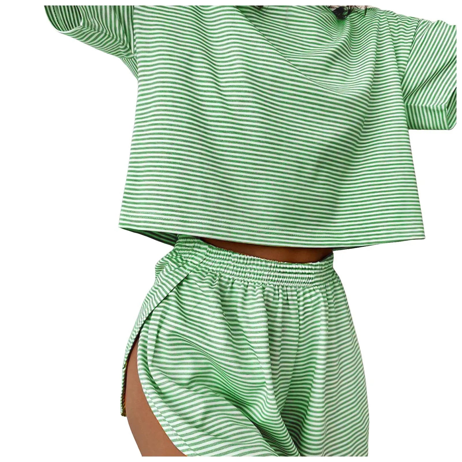 Women's striped pajama set with short sleeve t-shirt and elastic waistband shorts in comfortable fabric.