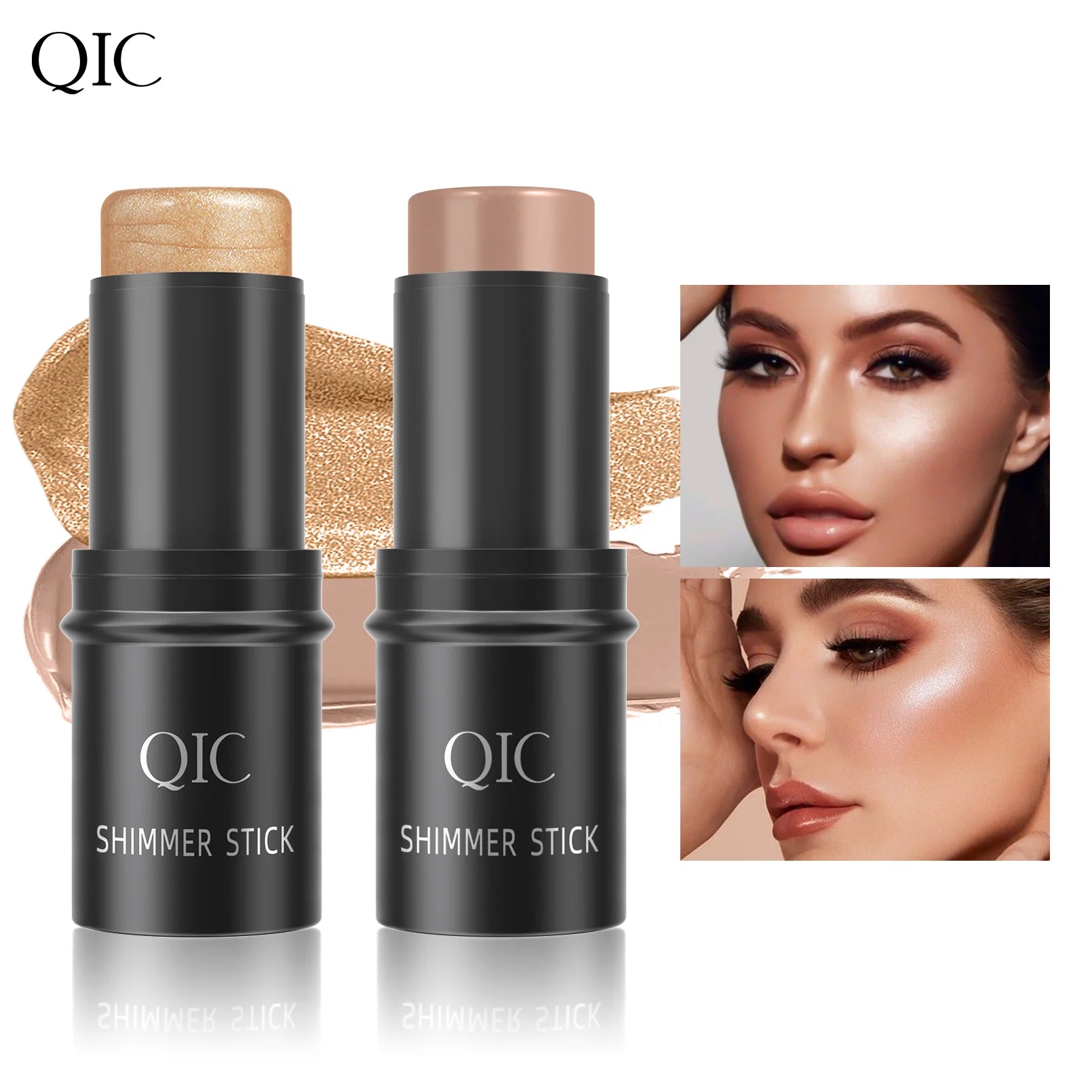 Two QIC shimmer stick highlighters with swatches, perfect for adding glow and radiance to makeup looks.
