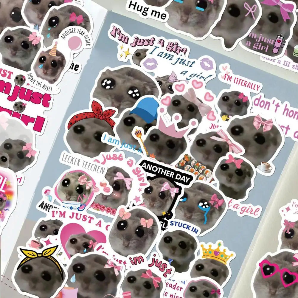 56pcs Sad Hamster Meme Decals Cute Stickers Cute Cartoon Graffiti Decals Cute Sad Hamster Sticker Decals For Laptop Water Cup
