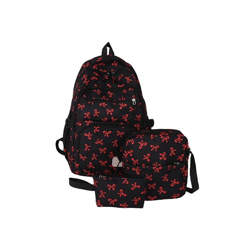 3Pcs/Set Bow Print Backpack with Crossbody Bag and Small Purse Bow Student Bookbag Simple Backpack for Elementary Middle Kids
