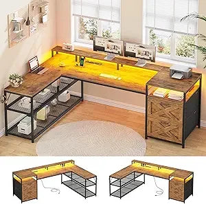 67" L Shaped Desk with Drawers, Computer Office Desk with Storage Shelves & Power Outlet, Reversible Gaming Desks with LED Ligh