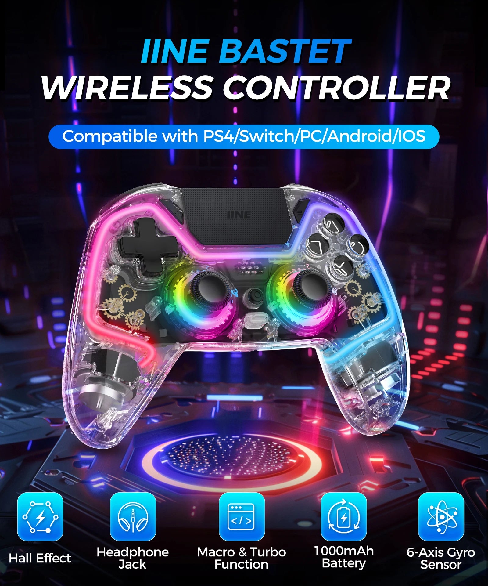 IINE Bastet Wireless Controller Compatible with PS4/Switch/PC/Android/IOS Hall Effect Joystick & Trigger With Touch Pad