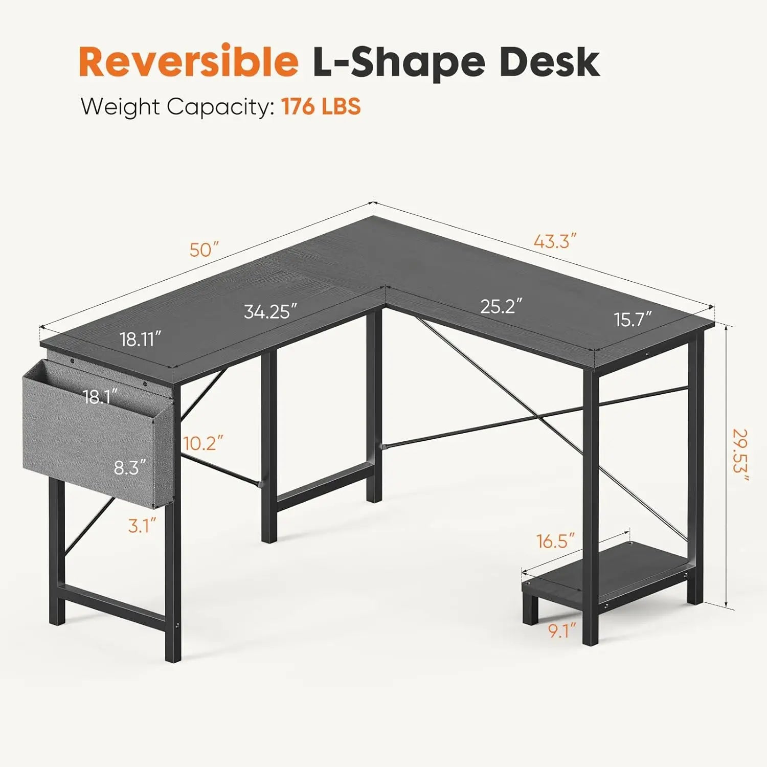 L Shaped Desk. 50-Inch Computer Desk. Corner Gaming Desk. CPU Stand. Home Office. Black.