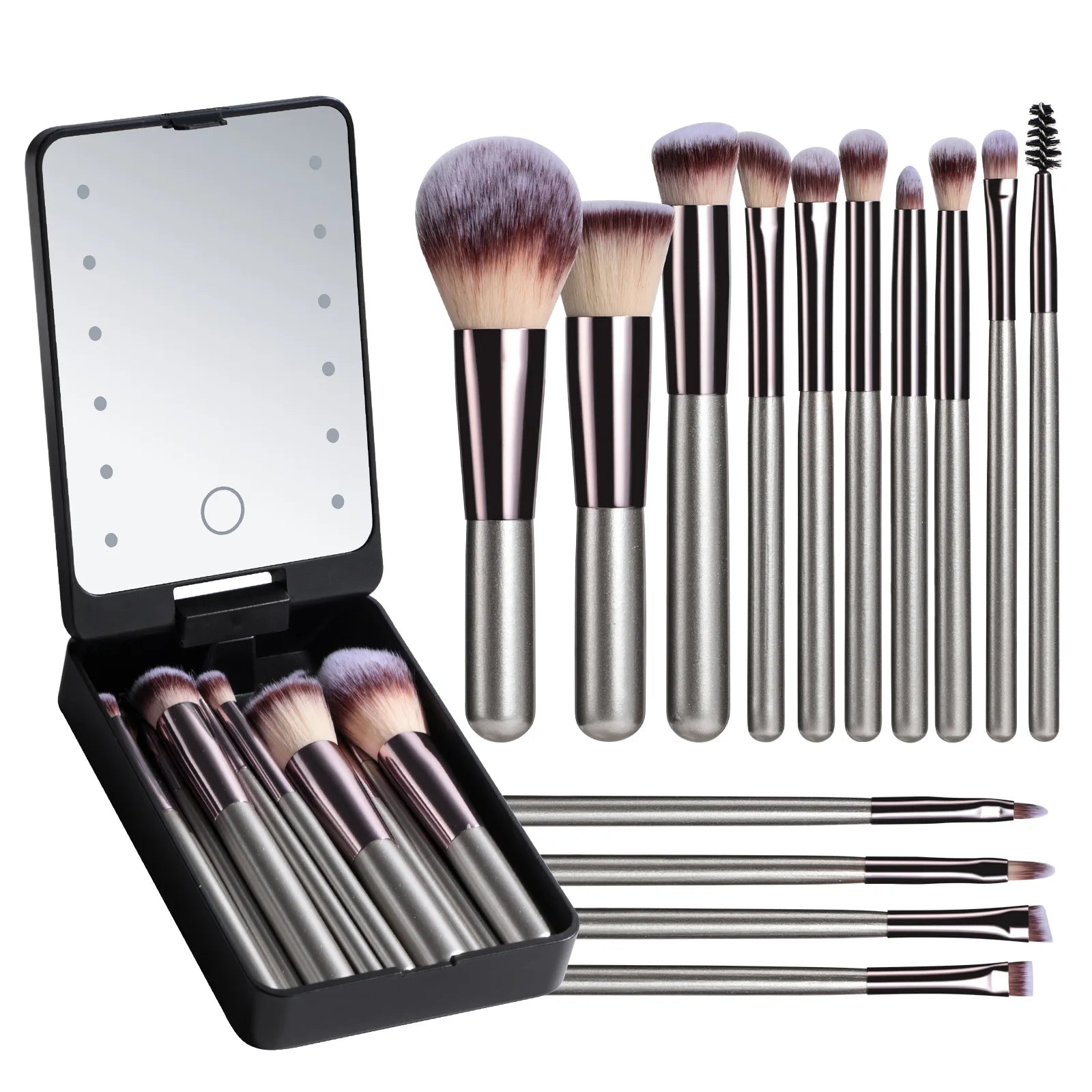 14-Piece Makeup Brush Set with Illuminated Mirror, Portable Short Handle,LED Light,USB Rechargeable Makeup Brushes Kit