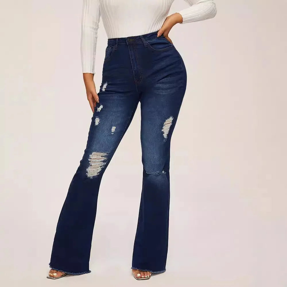 Denim Flare Pants Women Hole Jeans Boot Cut High Waist Stretch Pockets Distressed Washed Streetwear 2025 Floor Length Trousers