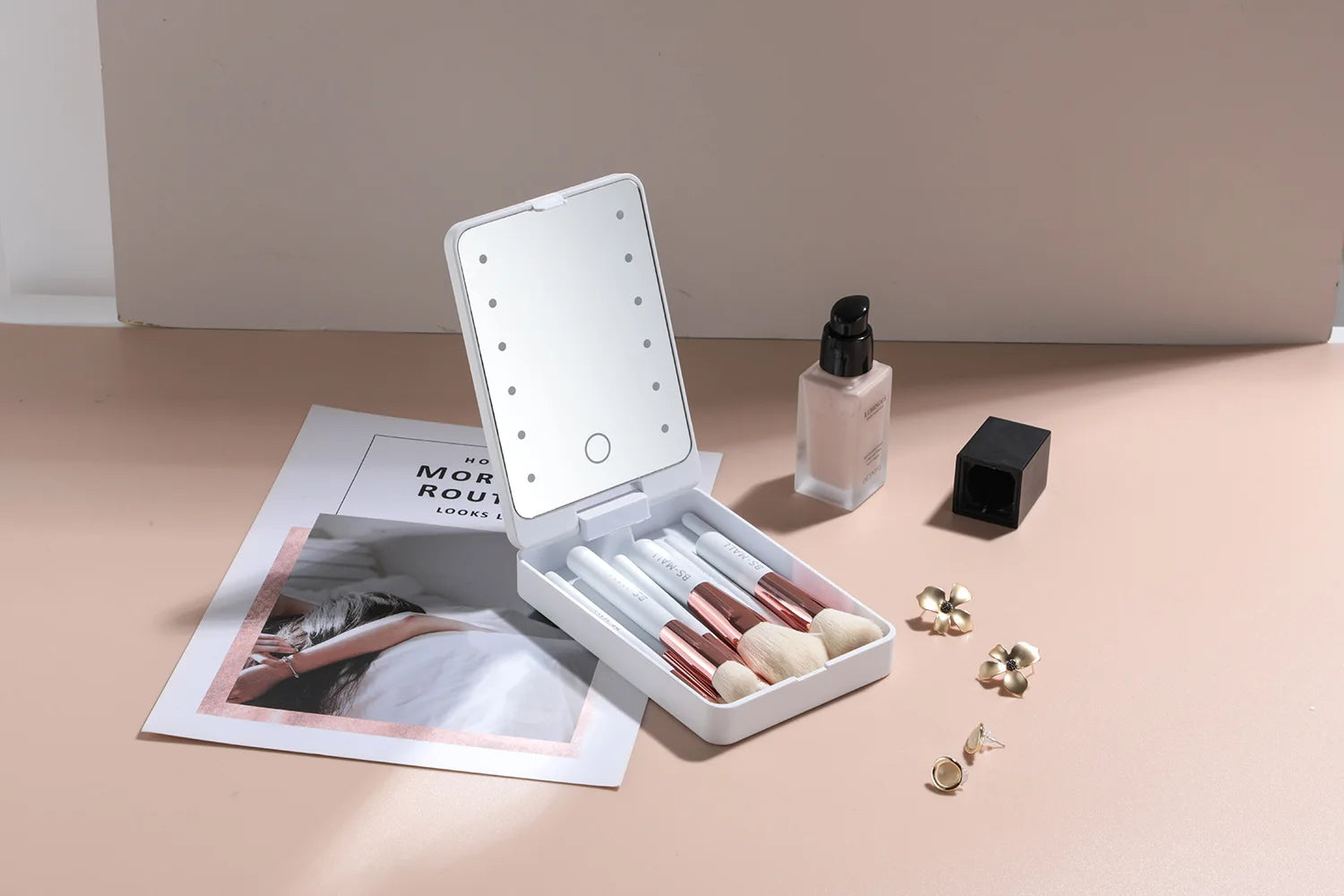 14-Piece Makeup Brush Set with Illuminated Mirror, Portable Short Handle,LED Light,USB Rechargeable Makeup Brushes Kit