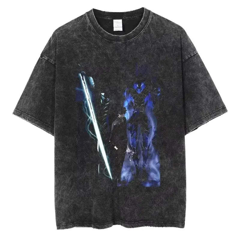 Men's and women's T-shirt plus size Harajuku unisex washed cotton T-shirt Hot Anime Solo Leveling Song Jinyu printed T-shirt