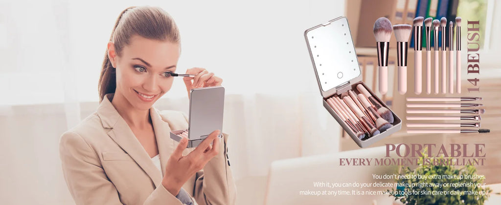 14-Piece Makeup Brush Set with Illuminated Mirror, Portable Short Handle,LED Light,USB Rechargeable Makeup Brushes Kit