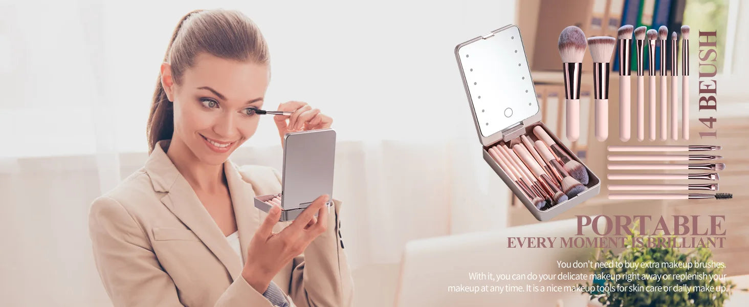 14-Piece Makeup Brush Set with Illuminated Mirror, Portable Short Handle,LED Light,USB Rechargeable Makeup Brushes Kit