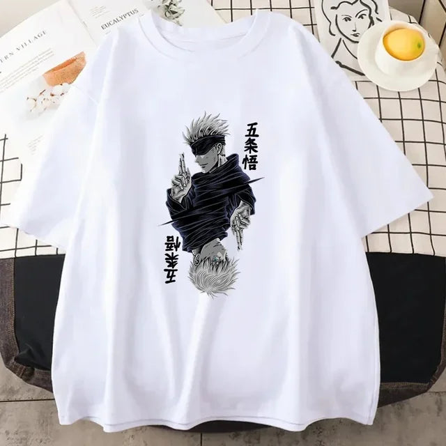 Women’s Jujutsu Kaisen Satoru Gojo T-shirt. Black & white O-neck, short sleeves, anime print, perfect for casual summer streetwear.