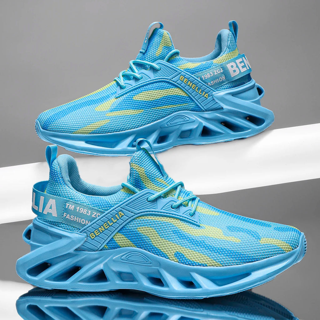 Blue anime-inspired running shoes for men and women with lace-up closure and stylish design.