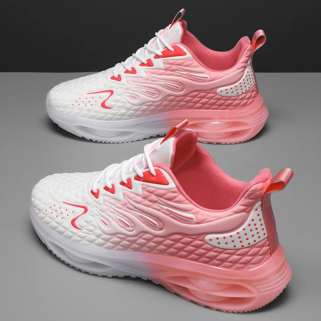 Stylish pink and white lace-up orthopedic sneakers for women with bubble sole and trendy design.
