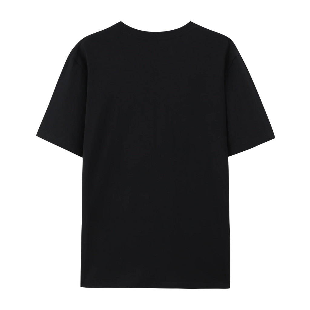 Back view of a black graphic cotton t-shirt from anime and more, featuring a simple design suitable for casual wear.