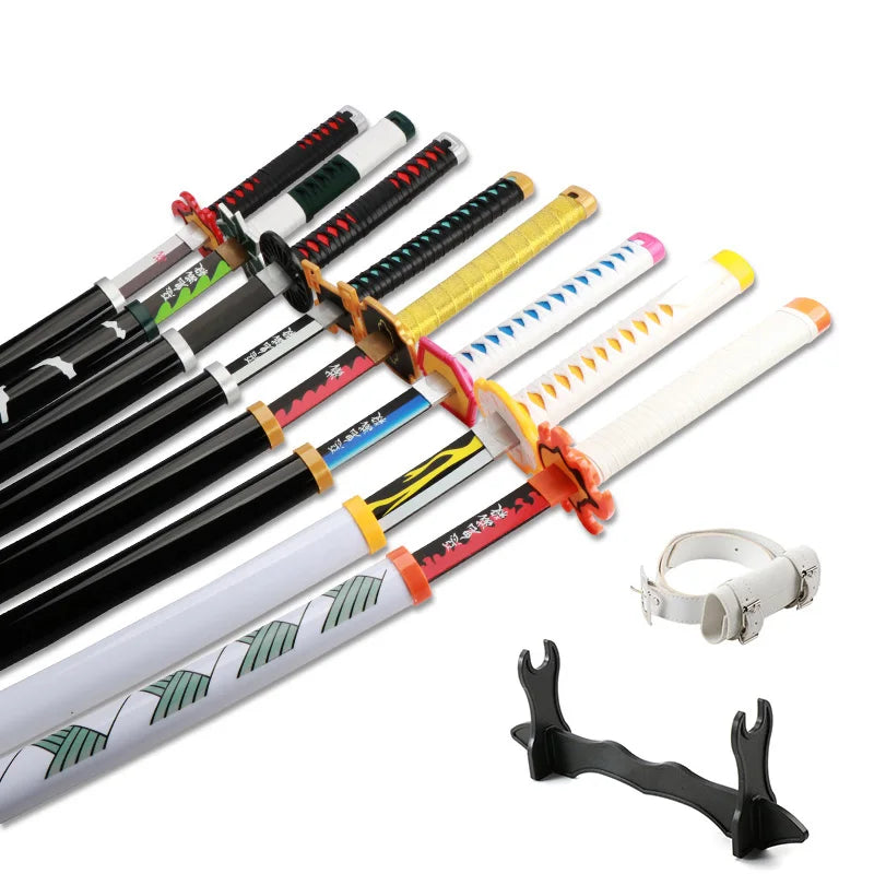 Collection of colorful anime swords with unique designs and a display stand, showcasing samurai katana styles.
