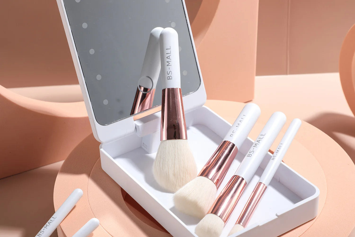 14-Piece Makeup Brush Set with Illuminated Mirror, Portable Short Handle,LED Light,USB Rechargeable Makeup Brushes Kit