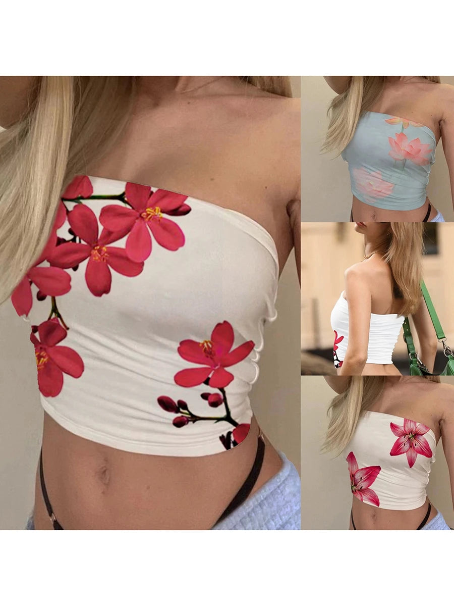 Women's Floral Print Tube Tops Summer Strapless Bandeau Tops Slim Fit Shirts Streetwear
