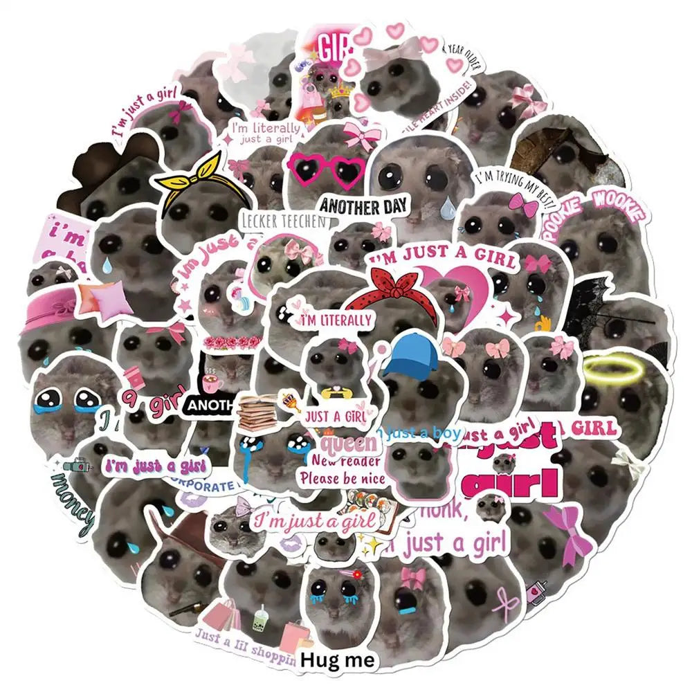 56pcs Sad Hamster Meme Decals Cute Stickers Cute Cartoon Graffiti Decals Cute Sad Hamster Sticker Decals For Laptop Water Cup