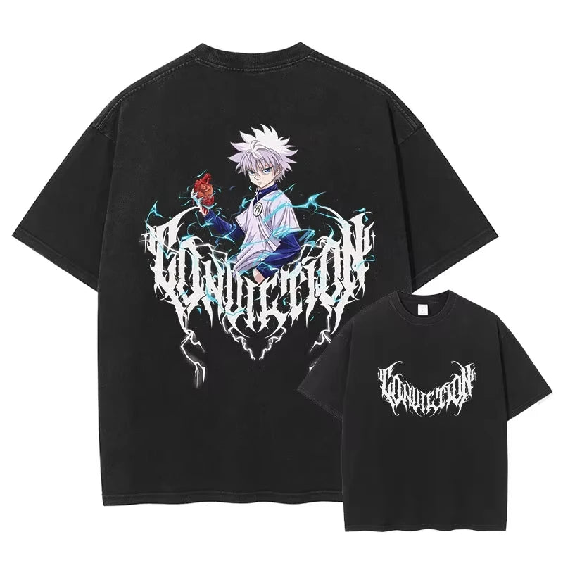 Hunter Killua Zoldyck T-shirts Vintage Washed Anime Kurapika T Shirt Oversized Streetwear Manga Gon Tops Tees Men 100% Cotton