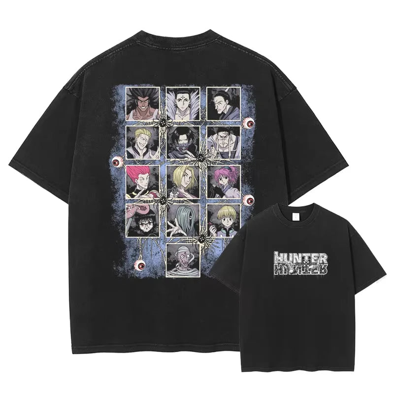 Hunter Killua Zoldyck T-shirts Vintage Washed Anime Kurapika T Shirt Oversized Streetwear Manga Gon Tops Tees Men 100% Cotton