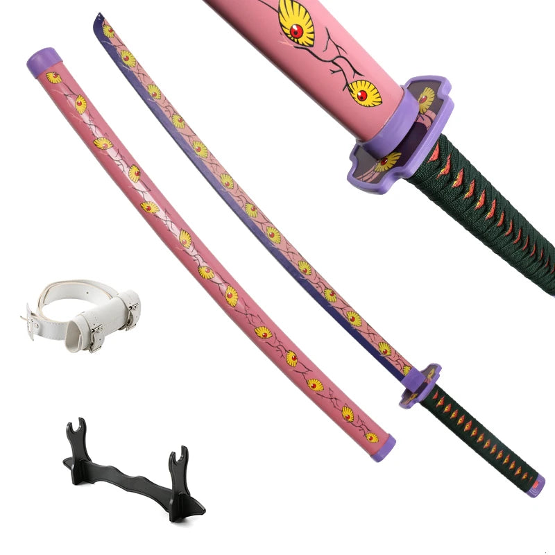 Collection of colorful anime swords with unique designs and a display stand, showcasing samurai katana styles.