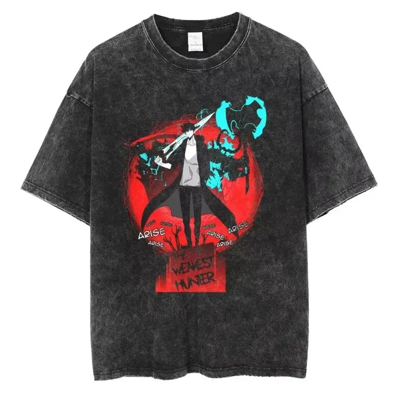 Men's and women's T-shirt plus size Harajuku unisex washed cotton T-shirt Hot Anime Solo Leveling Song Jinyu printed T-shirt