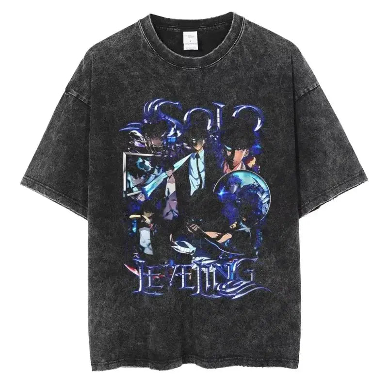 Men's and women's T-shirt plus size Harajuku unisex washed cotton T-shirt Hot Anime Solo Leveling Song Jinyu printed T-shirt