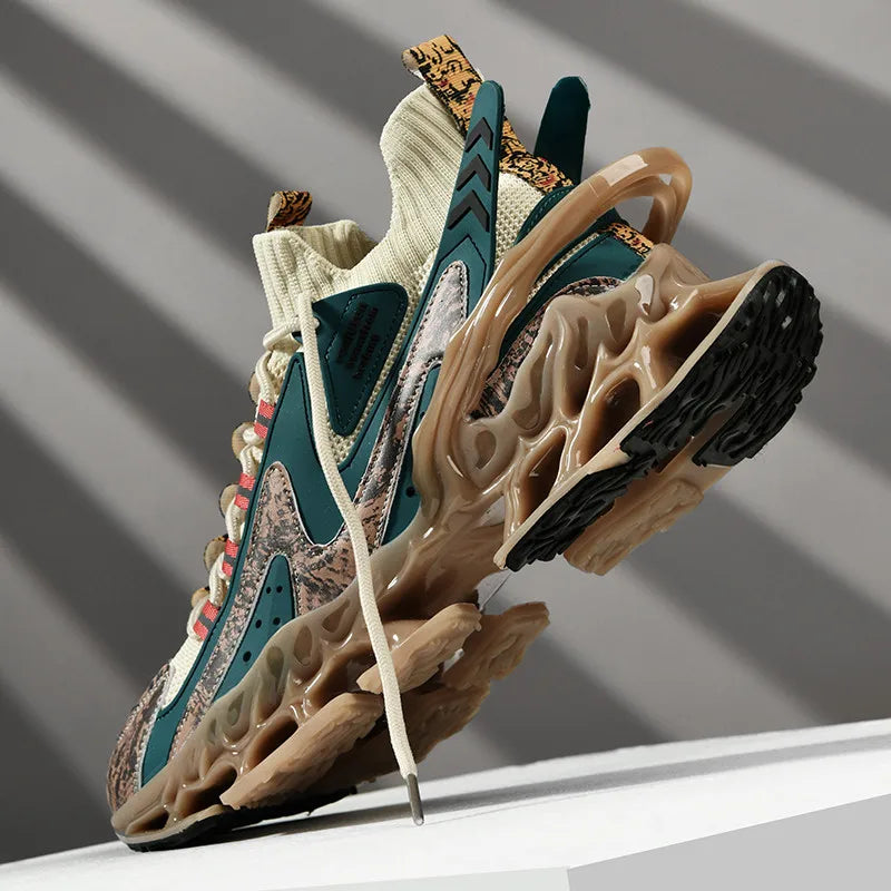 Anime and More men's running shoes with blade design and non-slip features in white and colorful accents.