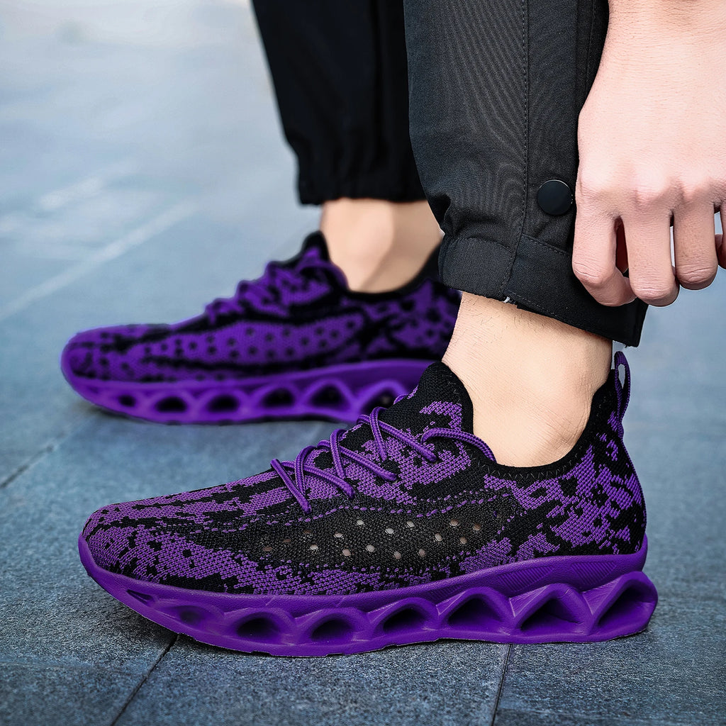Purple and black patterned orthopedic sneakers for women, featuring a lace-up closure and flat heel design.