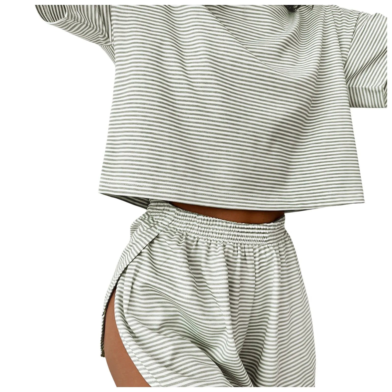 Women's striped pajama set with short sleeve t-shirt and elastic waistband shorts in comfortable fabric.