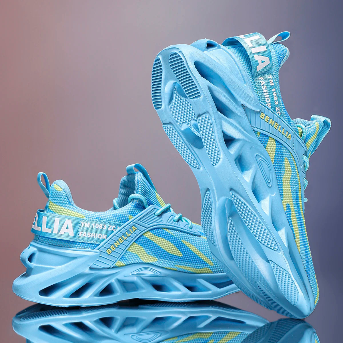 Blue and yellow anime-inspired running shoes for men and women with lace-up closure and low heel height.