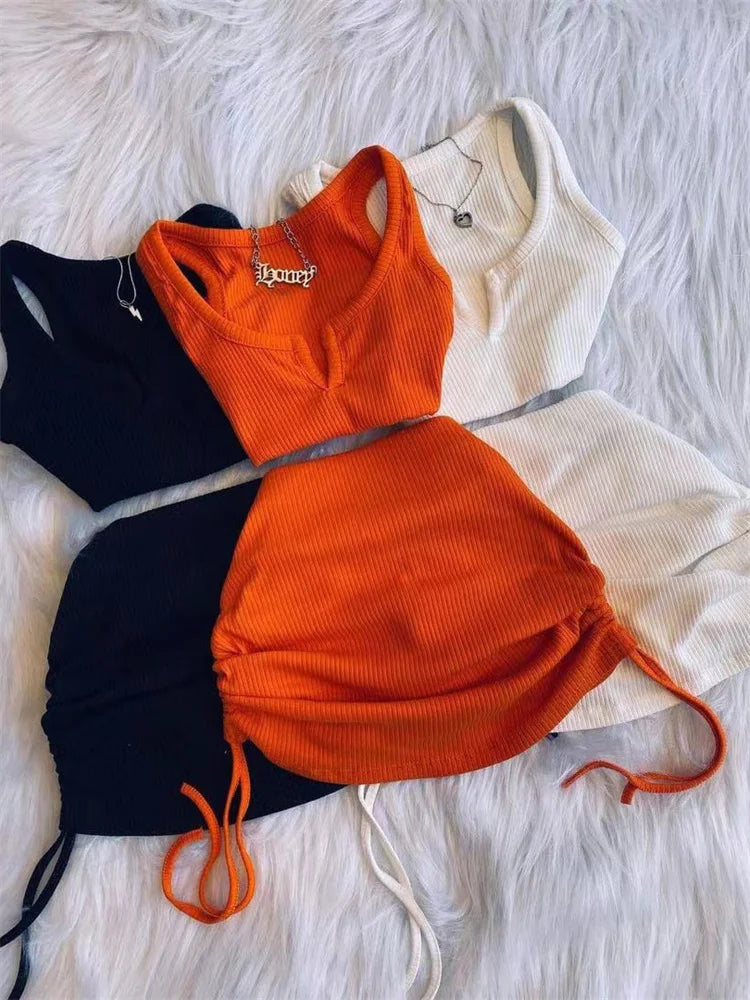 2023 Streetwear Knit 2 Two Piece Dress Sets Skirts Crop Tops Mini Skirt Matching Orange Drawstring Black Skirts Dress Suits