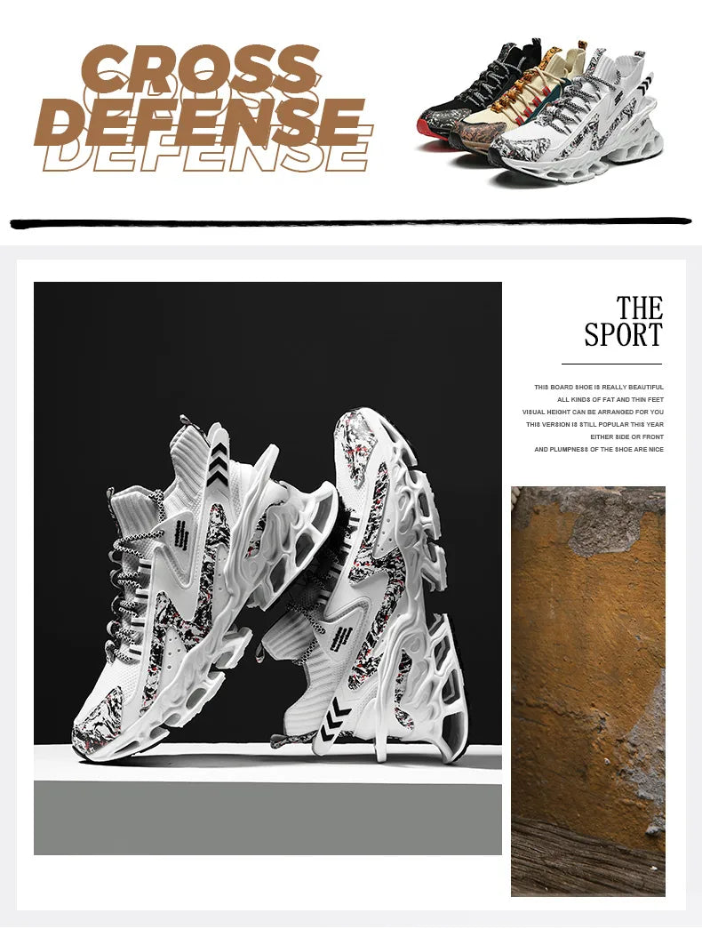 Anime and More men's running shoes with blade design and non-slip features in white and colorful accents.