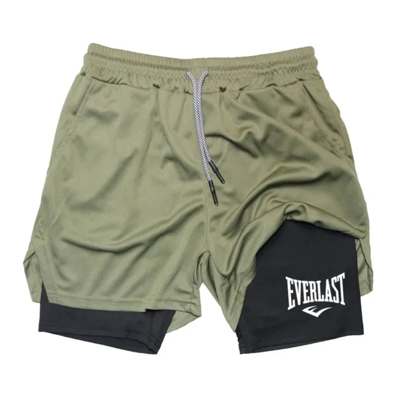 Men's compression gym shorts, EVERLAST printed sports pants, double layered, quick drying, basketball, beach, muscle, fitness