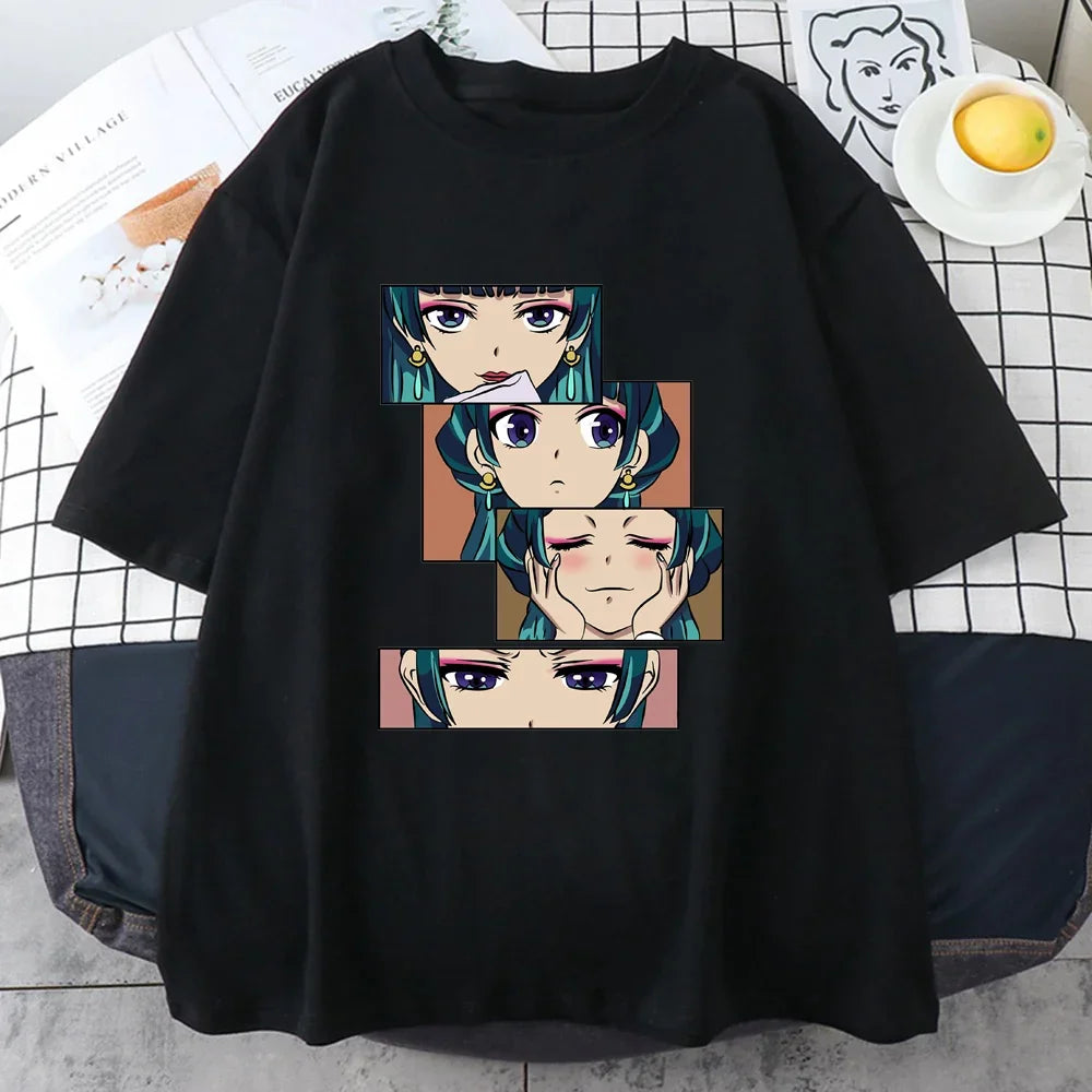 Women’s Harajuku anime T-shirt featuring The Apothecary Diaries graphic. Cute, casual top perfect for streetwear, cosplay, or everyday wear.