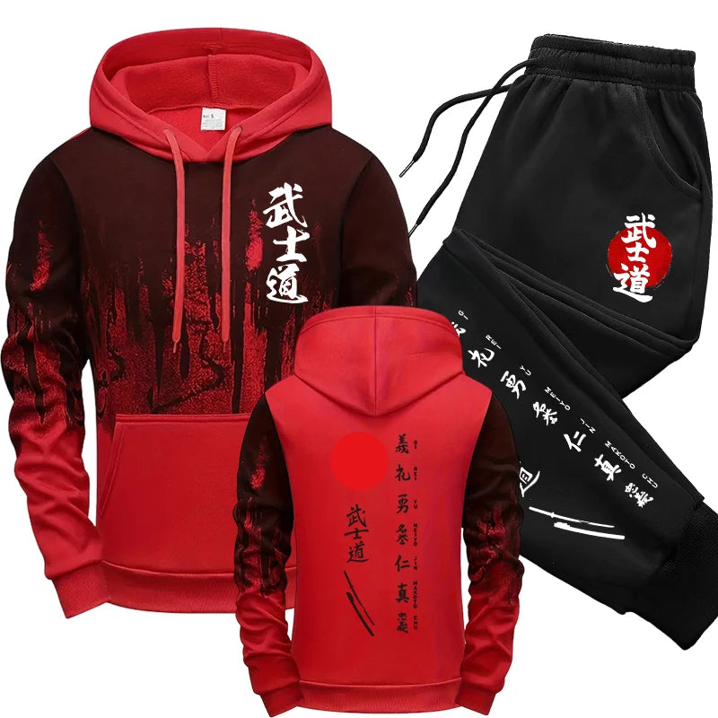 Japan Bushido Style Hooded Sweatshirt Sweatpants Men's Set Autumn Winter Daily Casual Sport Jogger Suit Urban Fashion Sportswear