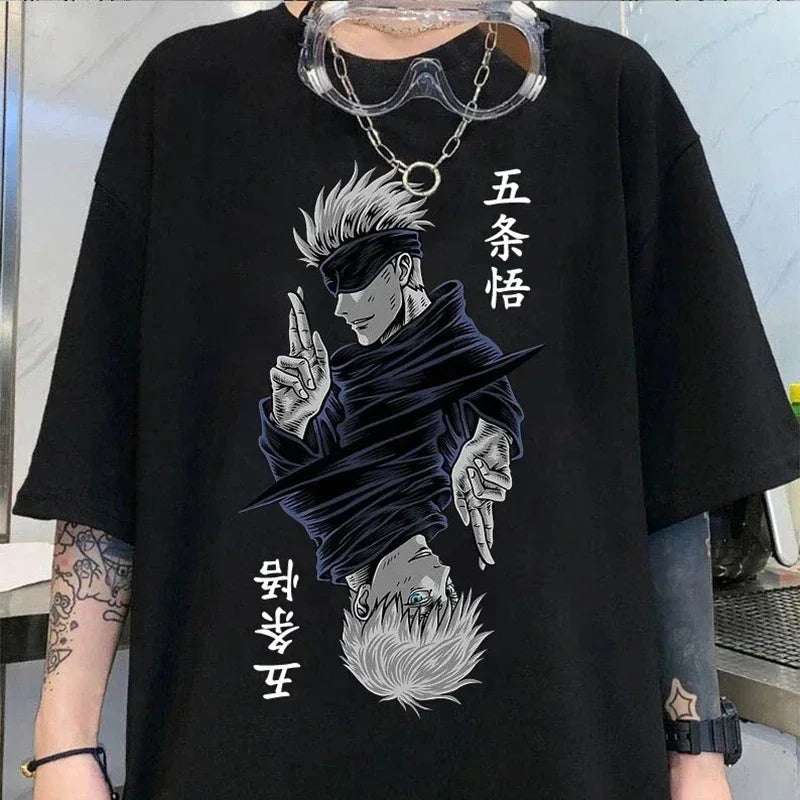 Women’s Jujutsu Kaisen Satoru Gojo T-shirt. Black & white O-neck, short sleeves, anime print, perfect for casual summer streetwear.