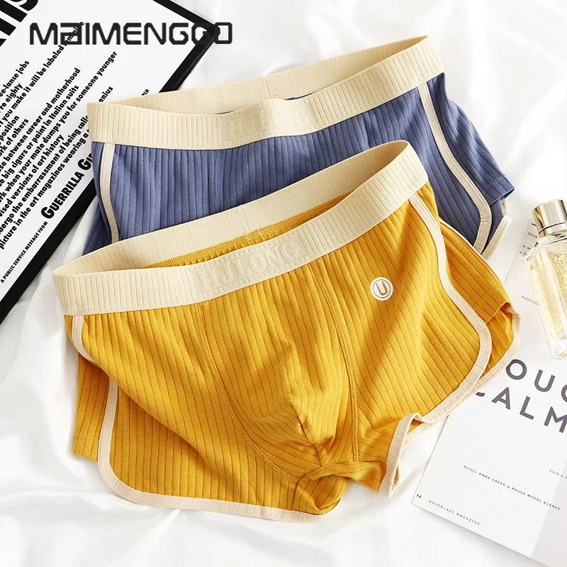1/3PCS 100% Cotton Solid Striped Men's Boxer Sexy Breathable Mesh U Crotch Underwear High Elastic Widen Waistband Underpants