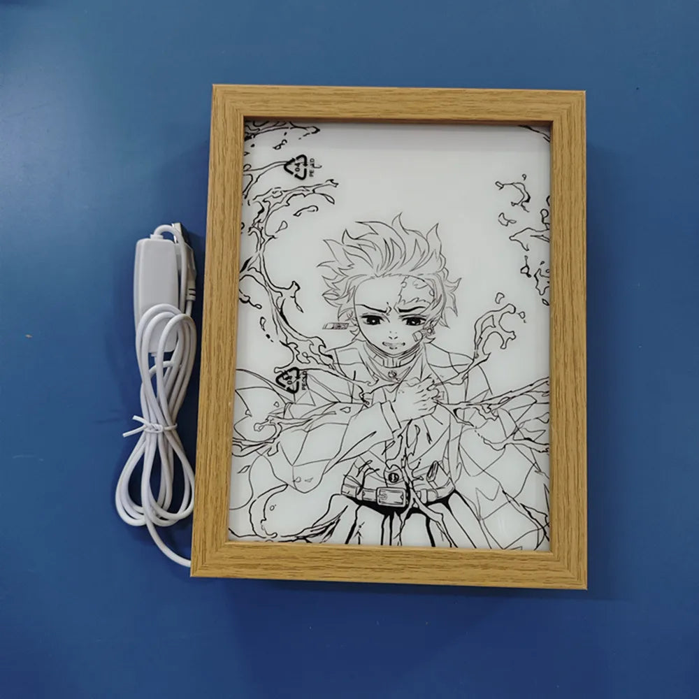 Anime Figure Light Painting Photo Frame Demons Slayer Kimetsu No Yaiba Tanjirou Action Led Lamps Bedroom Decor Chirstmas Gifts