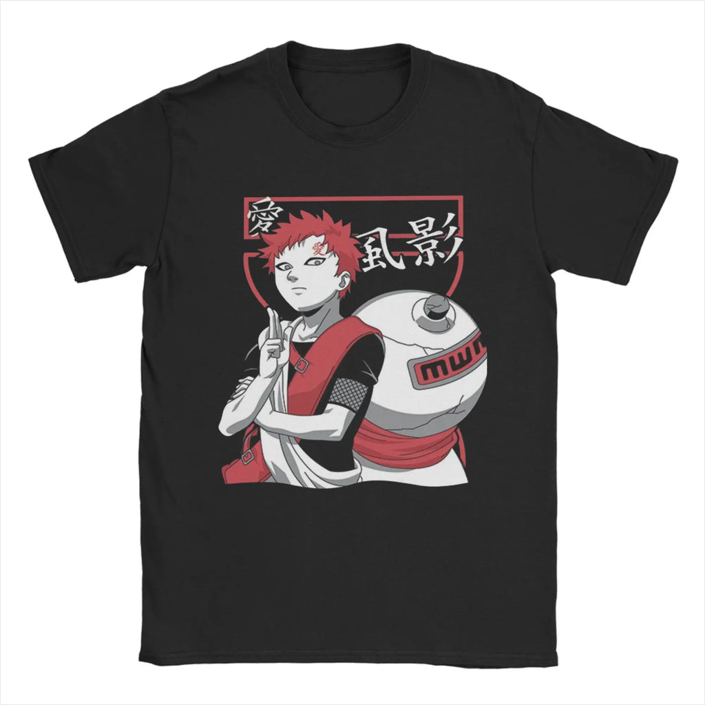 Black T-shirt featuring Gaara from Naruto with red accents and a unique design for anime fans.