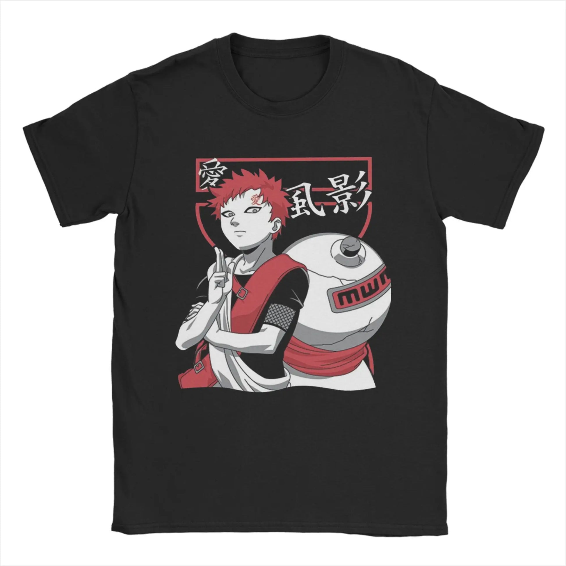 Black T-shirt featuring Gaara from Naruto with red accents and a unique design for anime fans.