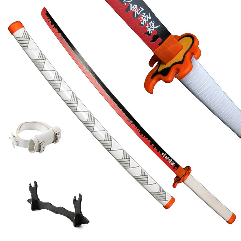 Collection of colorful anime swords with unique designs and a display stand, showcasing samurai katana styles.