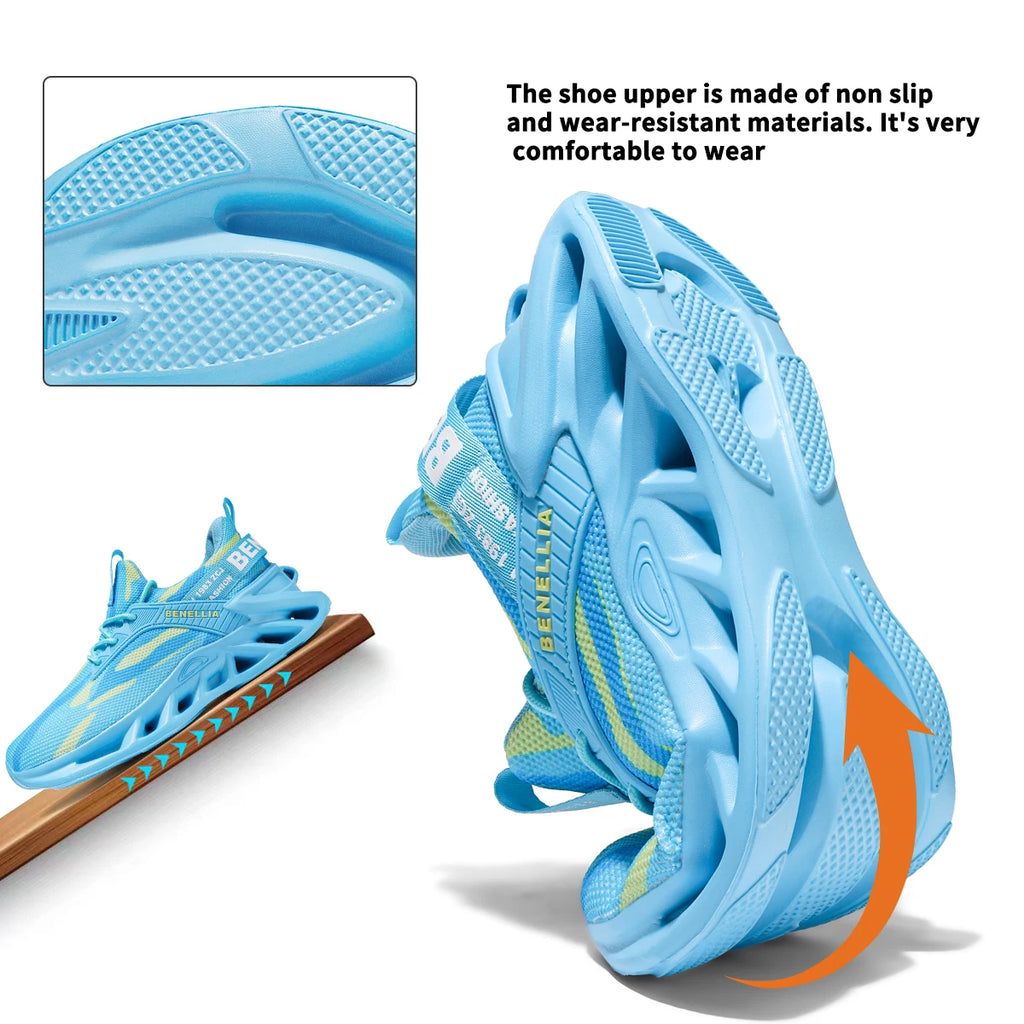 Blue anime-inspired running shoes for men and women with lace-up closure and stylish design.
