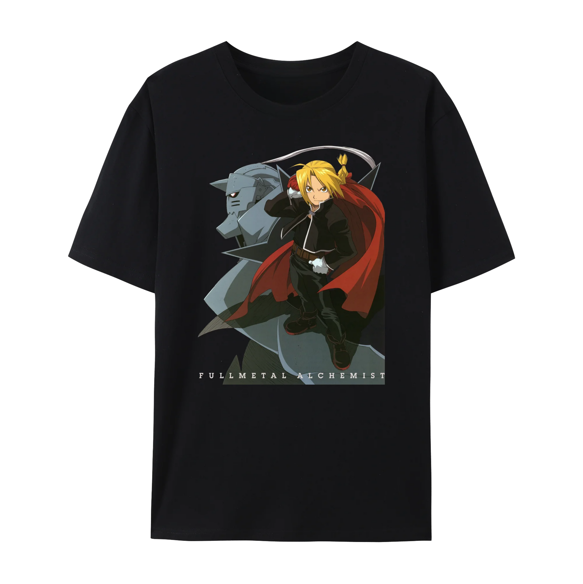 Fullmetal Alchemist graphic cotton t-shirt featuring Edward and Alphonse, unisex short sleeve crewneck design.