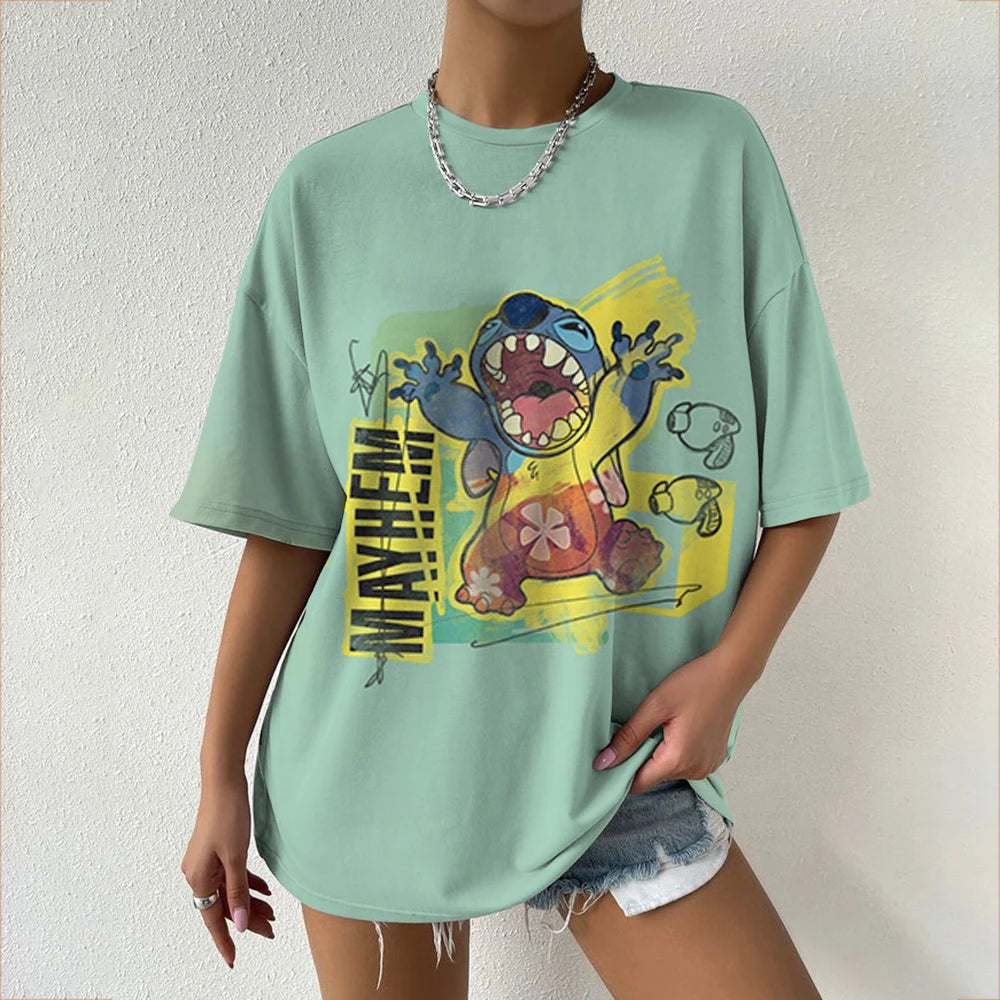 Women's T-Shirts For Women Disney Stitch print Tees Casual Street Femalewear Summer Oversized T-Shirt Fashion Lady Y2k Clothing