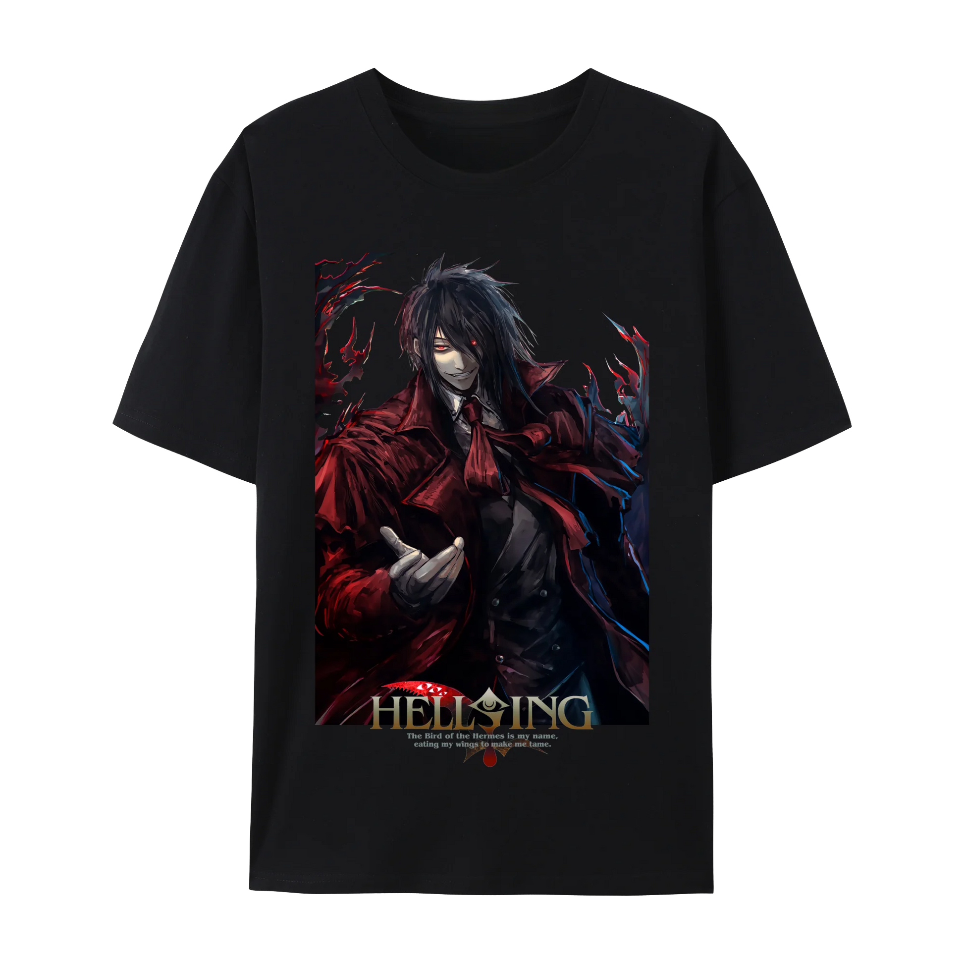 Alucard graphic cotton t-shirt featuring a striking Hellsing design on a black background.