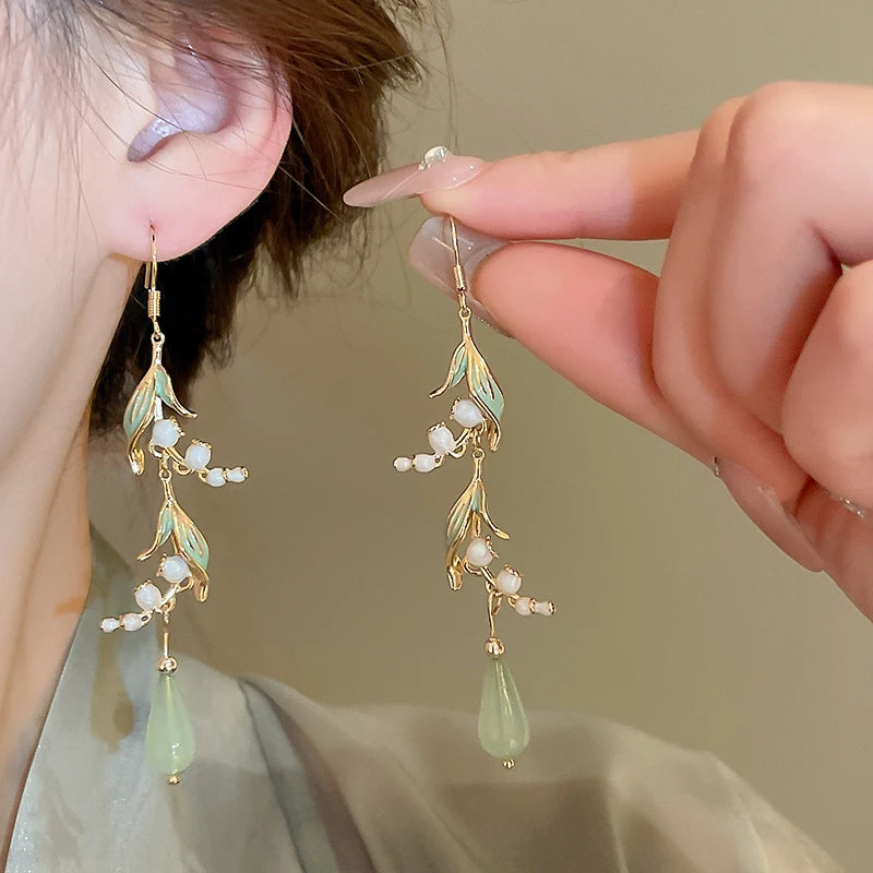 Lily Of The Valley Leaf Water Drop Resin Dangle Earrings For Women Partysu New In Earring Hook Vintage Fashion Cheongsam Jewelr